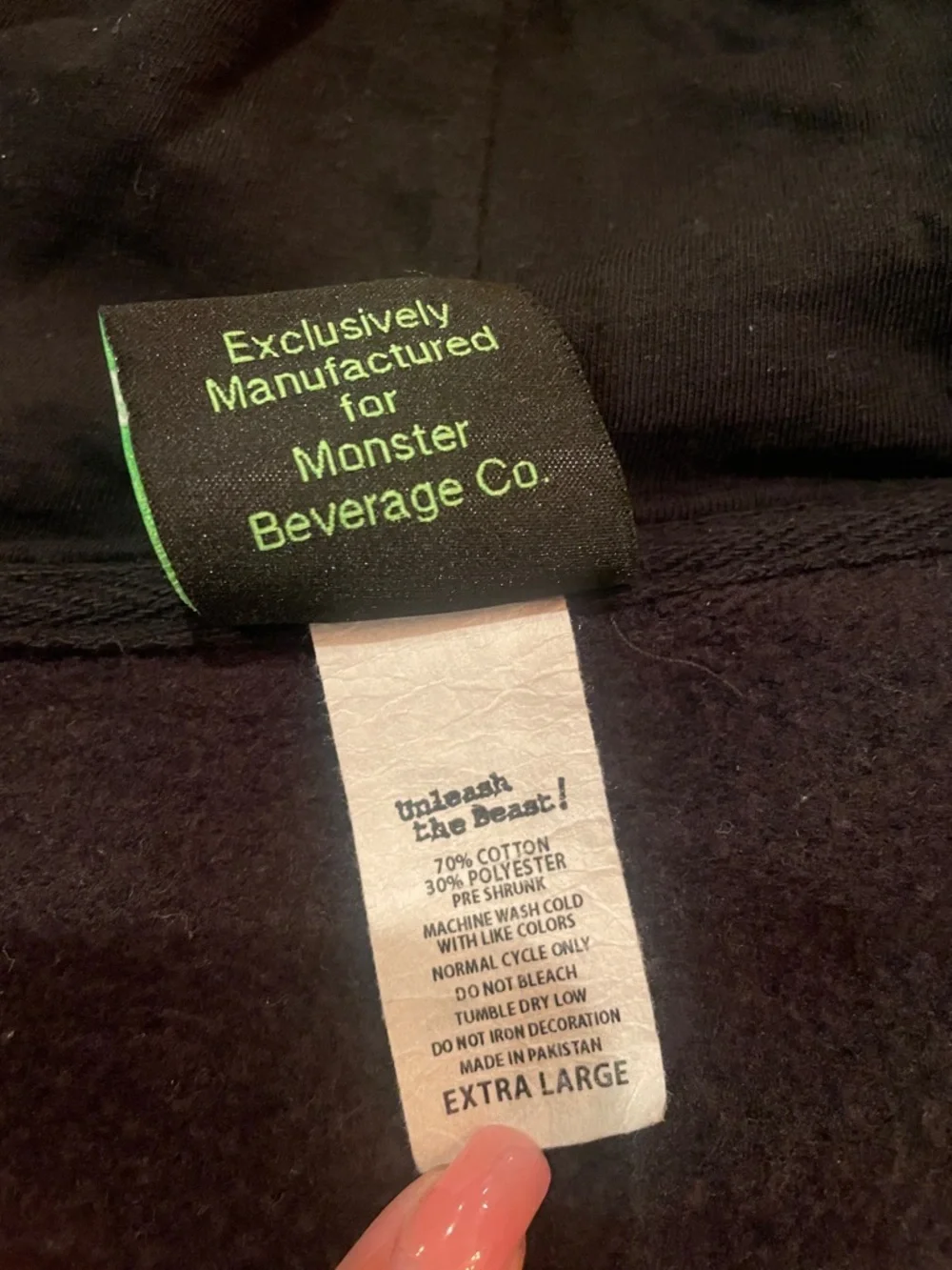 Brand New Monster Energy Black Zip Up Hoodie with Green Logo, Size XL - Picture 6 of 6